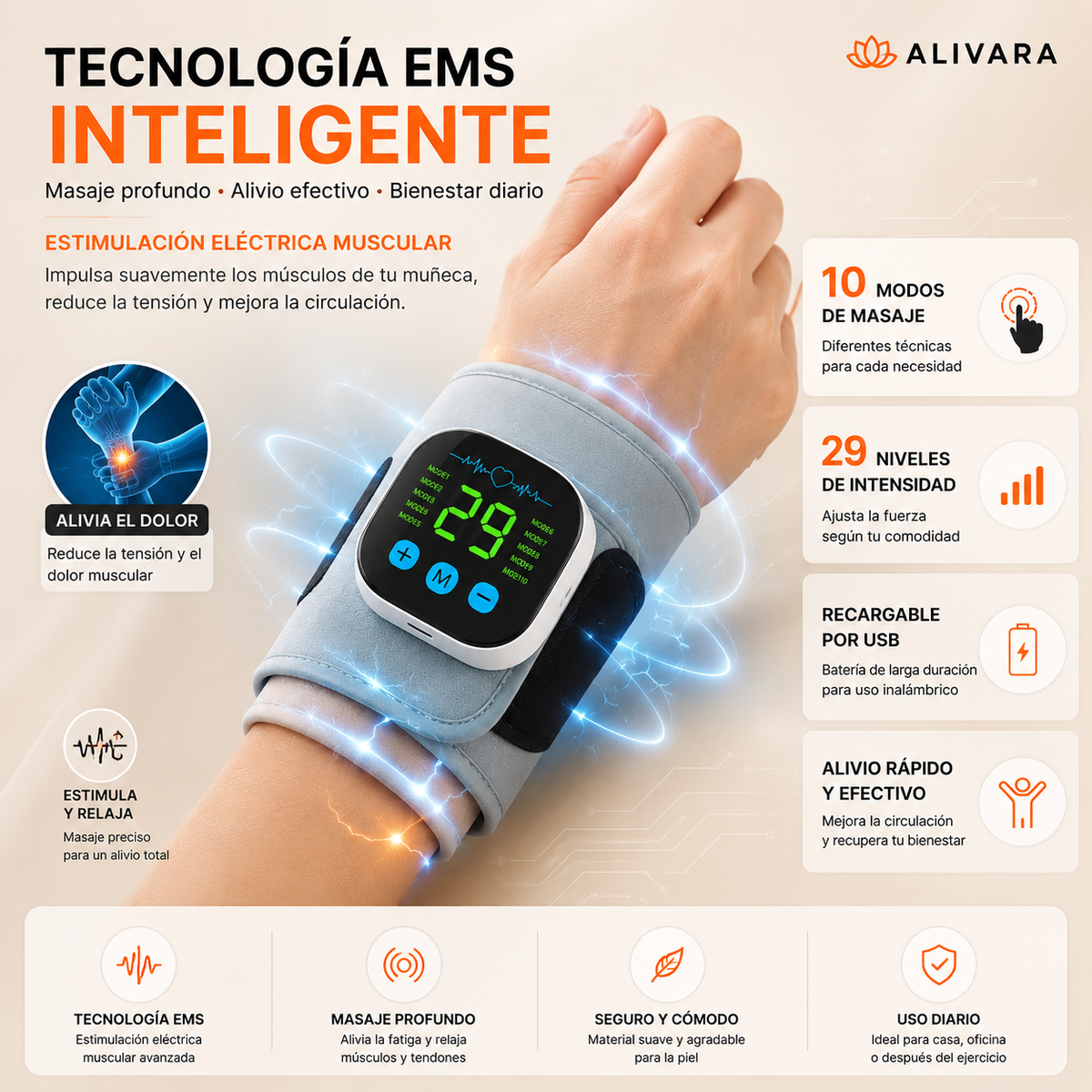 Masajeador Eléctrico Inalámbrico de Muñeca Alivara