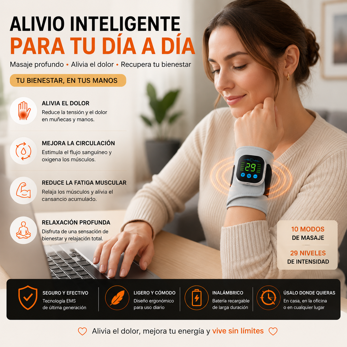 Masajeador Eléctrico Inalámbrico de Muñeca Alivara 