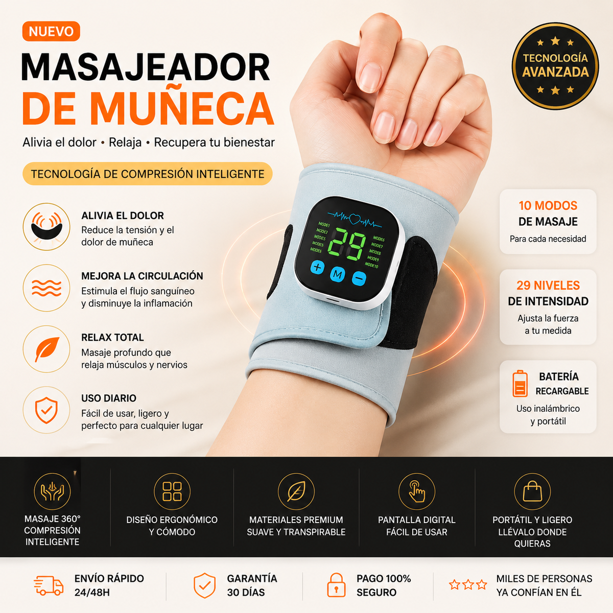 Masajeador Eléctrico Inalámbrico de Muñeca Alivara 